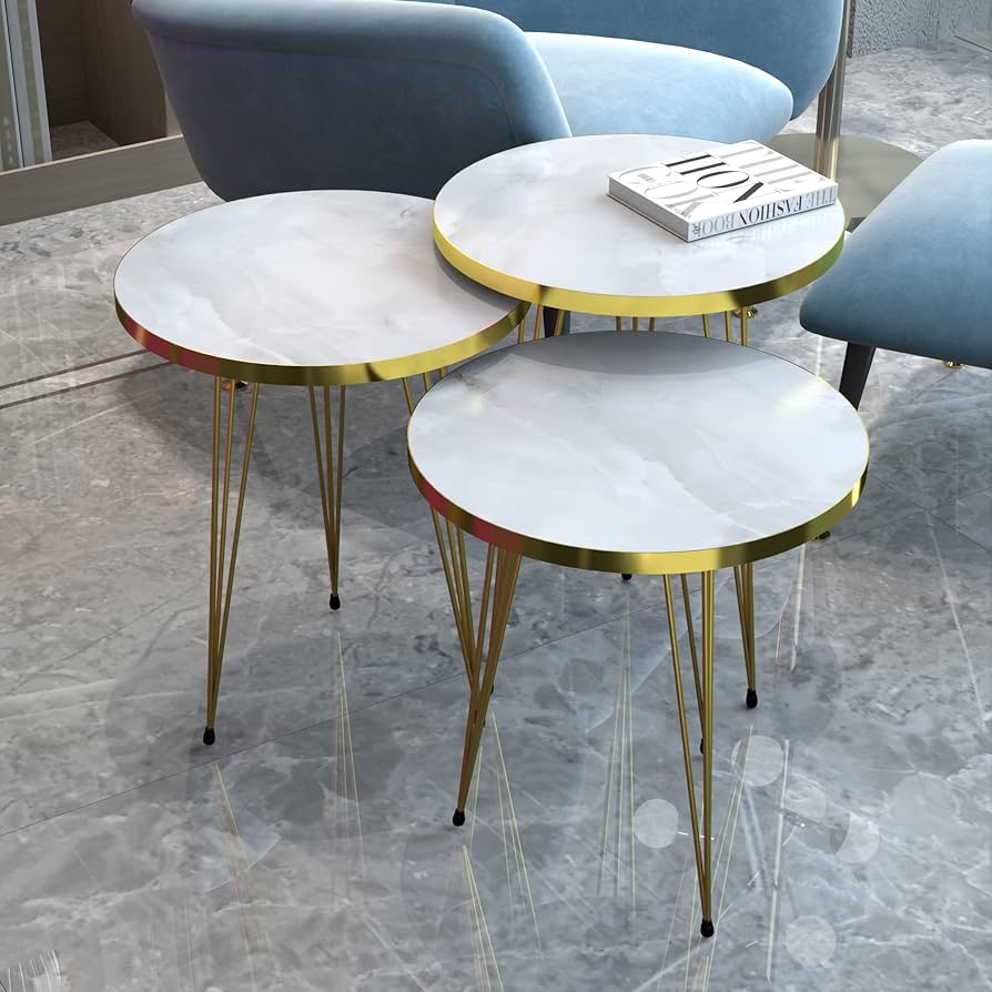 Luxury 3-Piece White Marble Nesting Tables with Gold Hairpin Legs