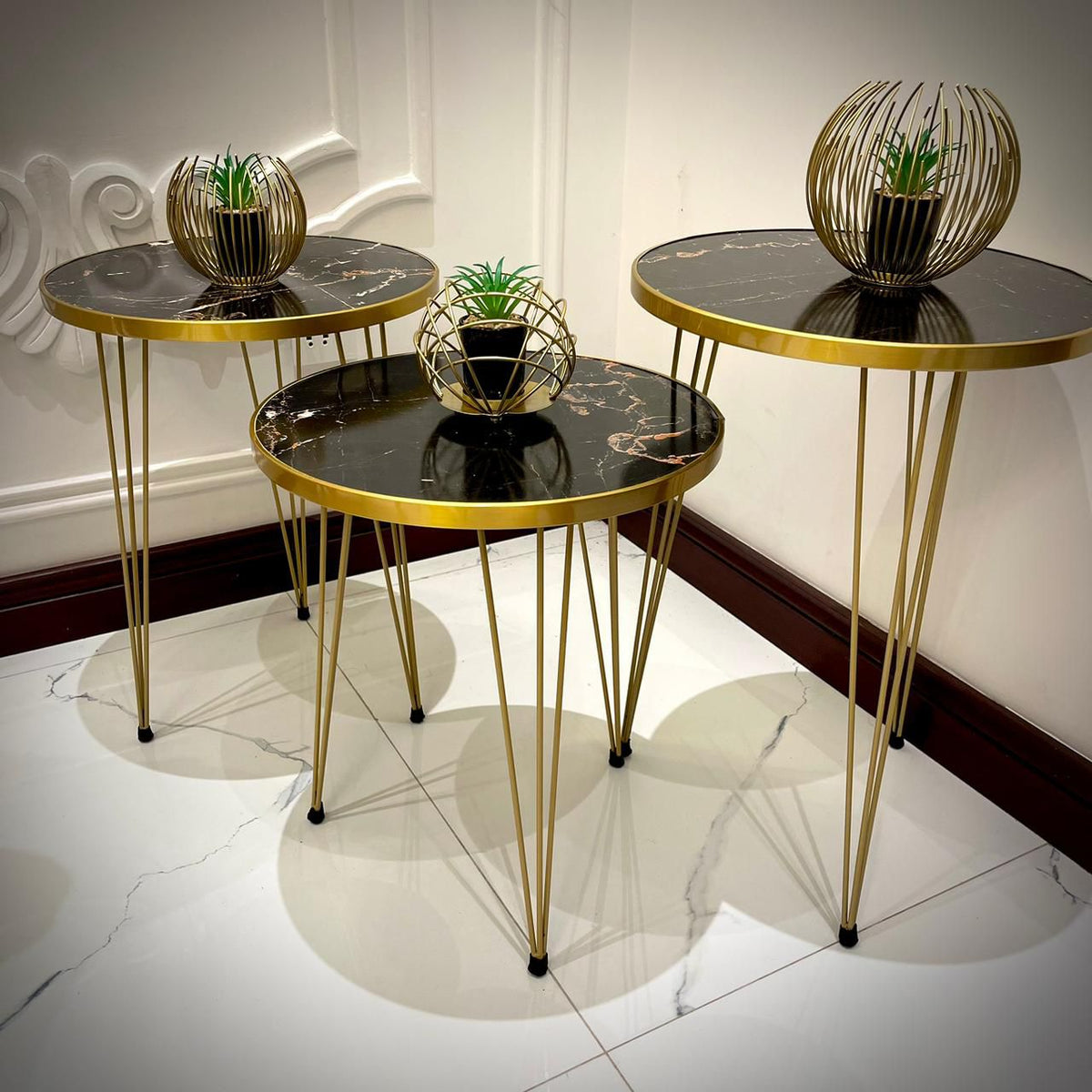 Modern 3-Piece Hairpin Leg Coffee Tables – Black Marble & Gold