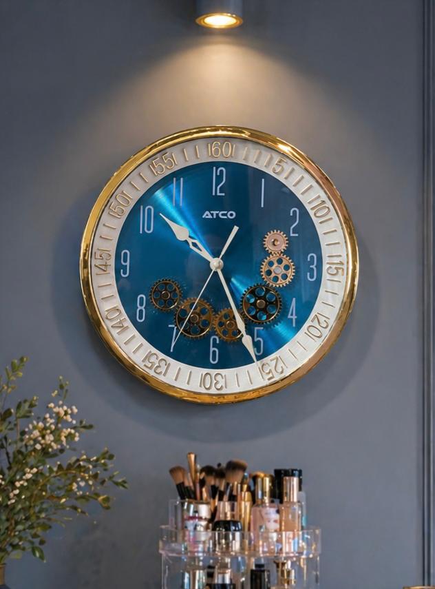 14-Inch Luxury Blue Dial Mechanical Gear Wall Clock – Dual Movement System with Rotating Gold Gears | Modern Industrial Silent Quartz Timepiece