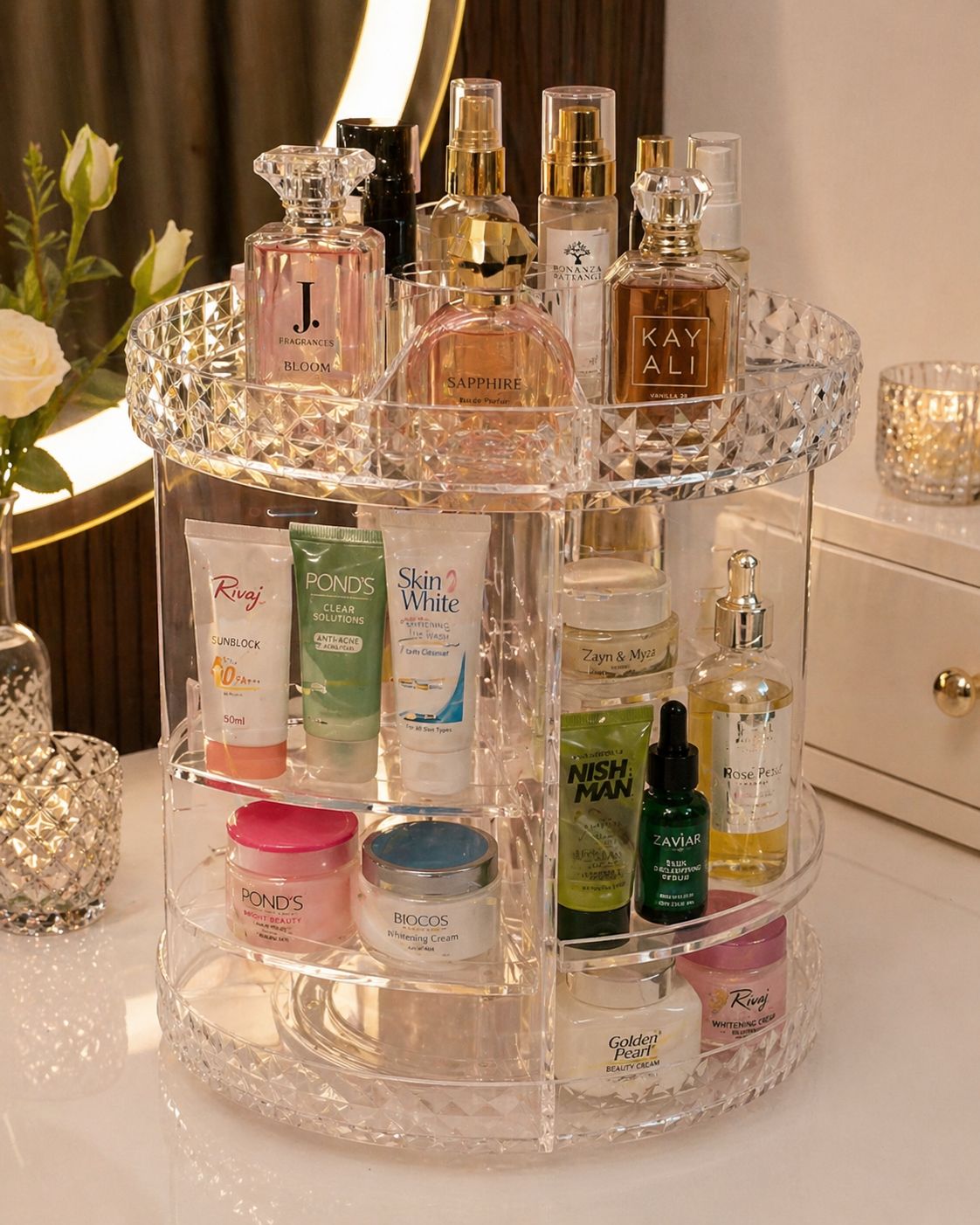 Compact 360° Rotating Acrylic Makeup Organizer - Diamond Texture Vanity Storage Tower