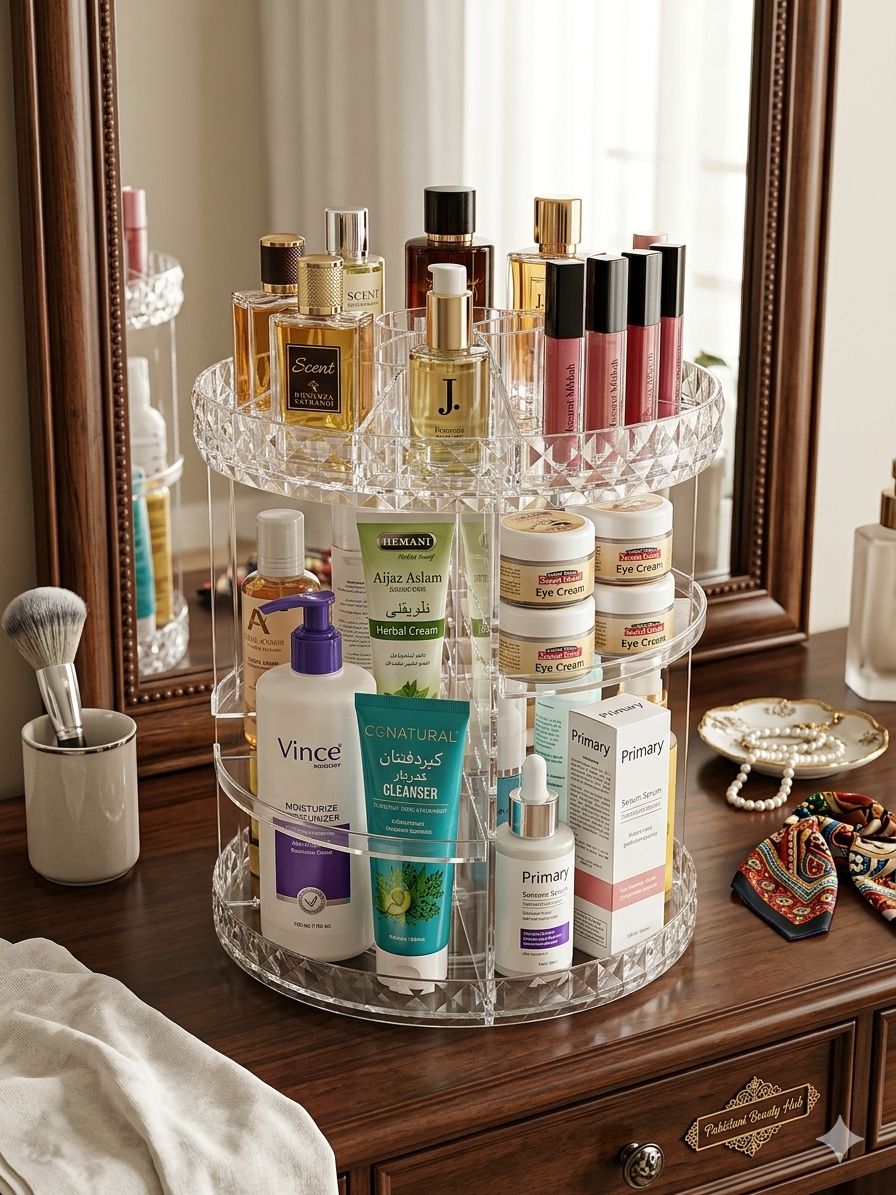 Large 360° Rotating Acrylic Makeup Organizer – High-Capacity Adjustable Cosmetic Storage Tower