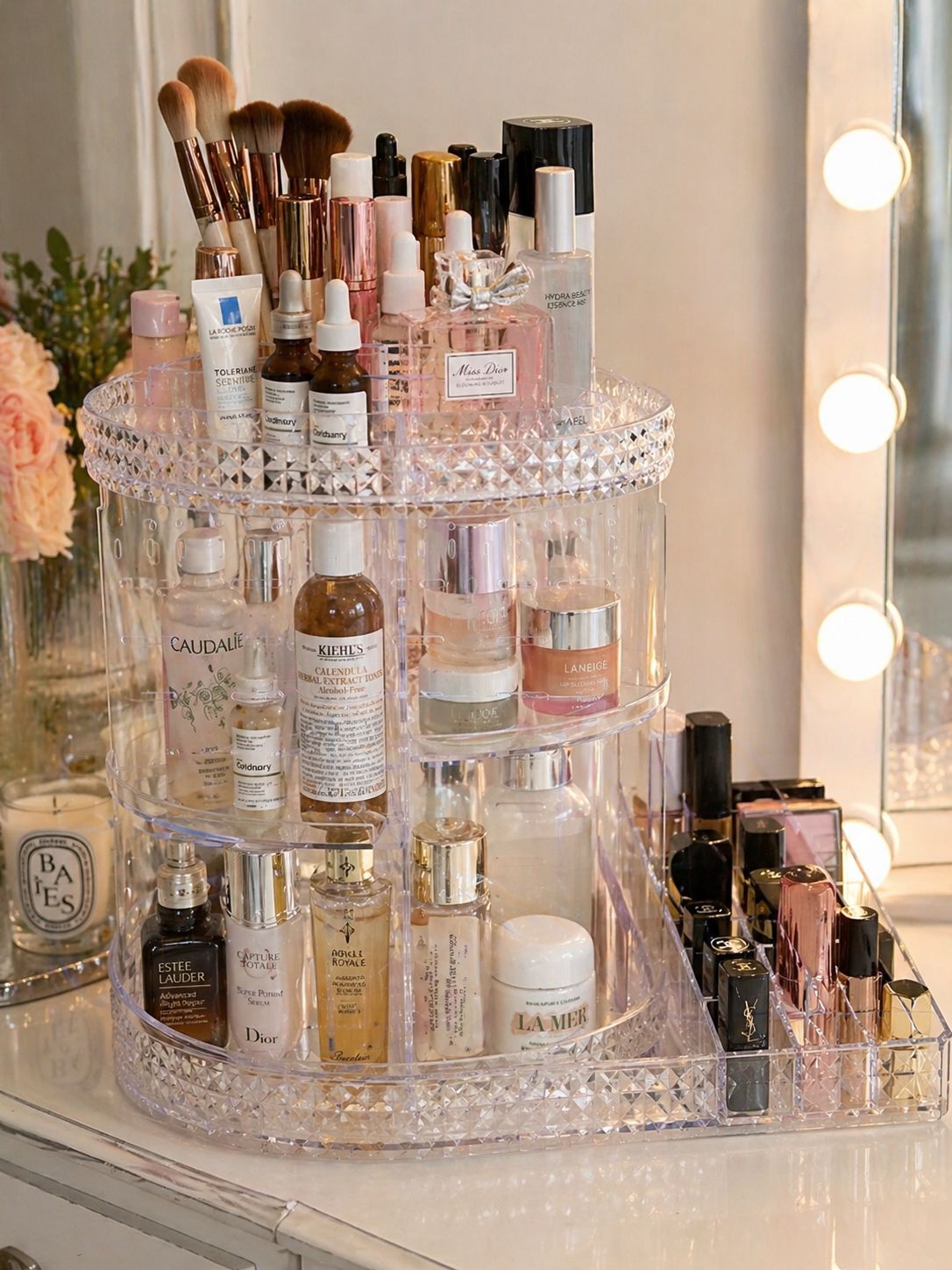 Large 360° Rotating Acrylic Makeup Organizer – High-Capacity Cosmetic Tower with Integrated Lipstick Section