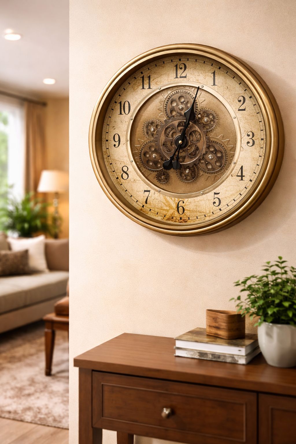 Luxury 17-Inch Mechanical Moving Gear Wall Clock – Dual Machine Precision – Premium Antique Gold Steampunk Design