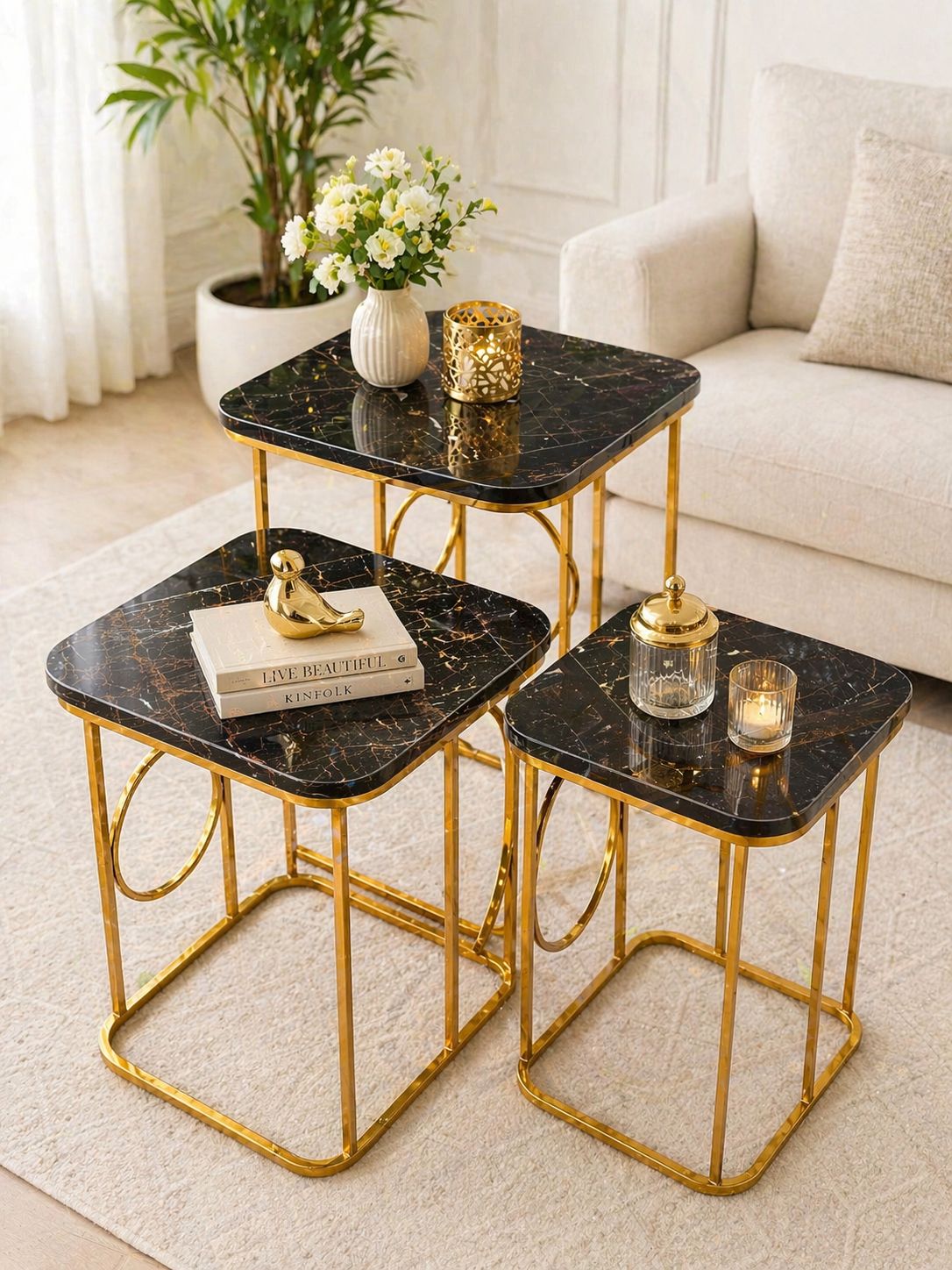 Luxury Square Nesting Table Set – Black Glass/Marble Top with Circular Gold Detailing
