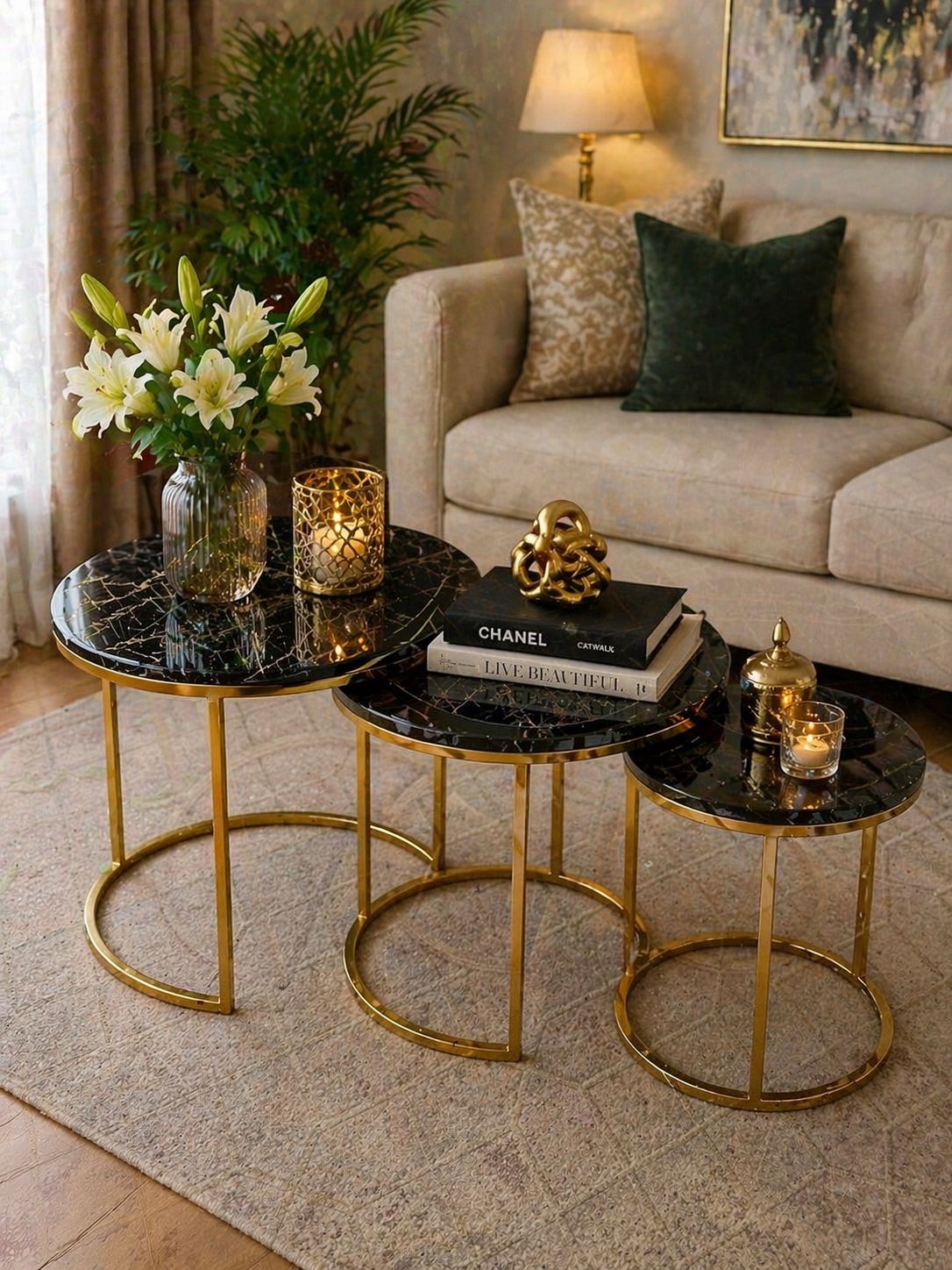 Luxury 3-Piece Nesting Table Set – Black Marble & Gold Finish