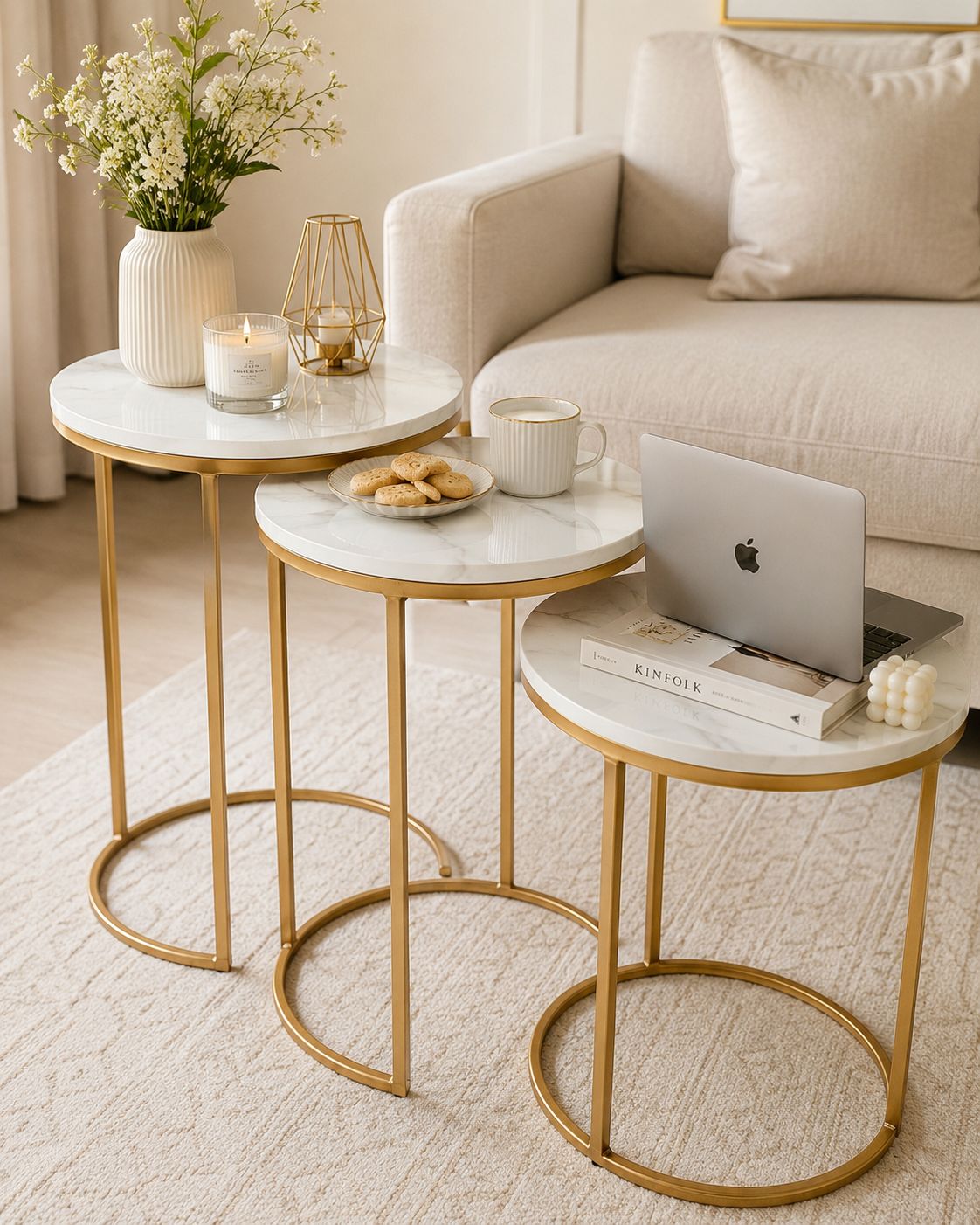 Modern White Marble Round Side Tables with Golden Base (Set of 3)
