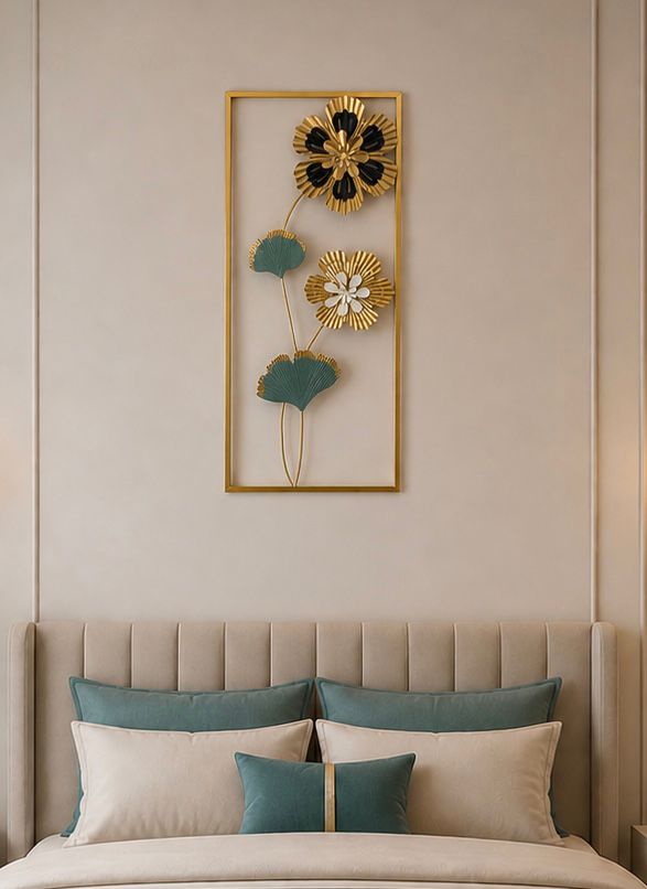 Luxury Floral Metal Wall Art Frame – Gold & Teal Bedroom Wall Decor
