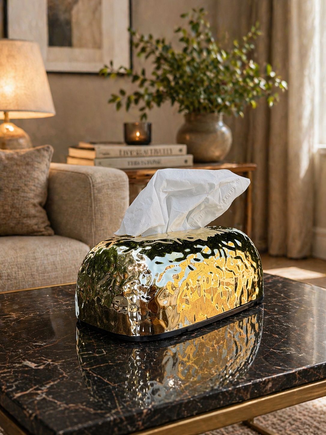 Luxury Hammered Gold Tissue Box – Crinkled Metallic Finish