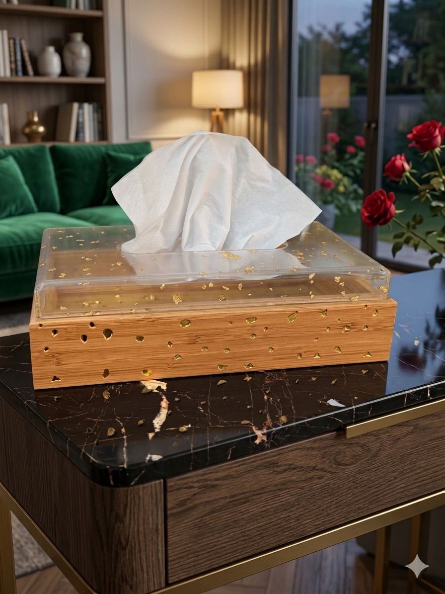 Luxury Bamboo & Acrylic Tissue Box Cover – Elegant Wood Decor with Gold Leaf Accents